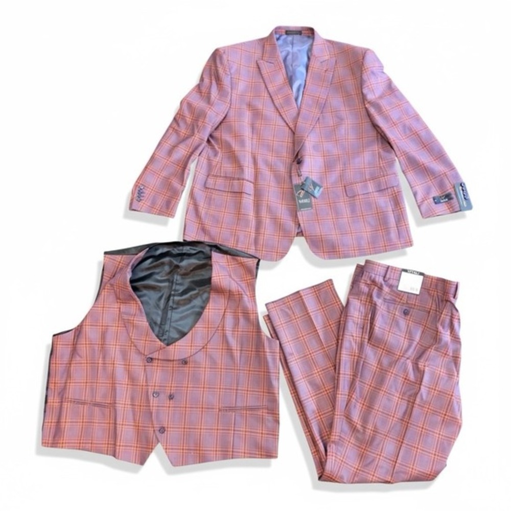 Mens Vitali Modern‎ Fit  3pc Denim Lavender Plaid Formal Suit M9857-PK-NP 51W 56